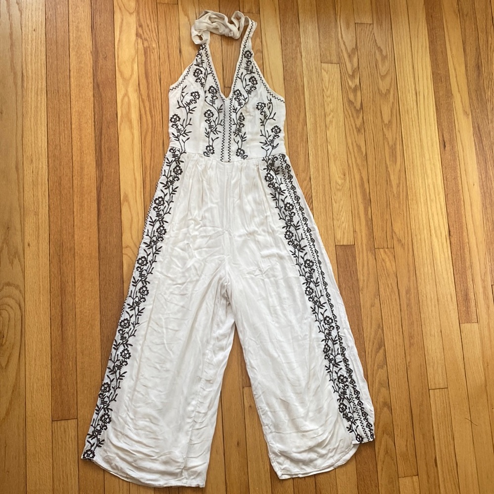 American Eagle White Embroidered Halter Jumpsuit